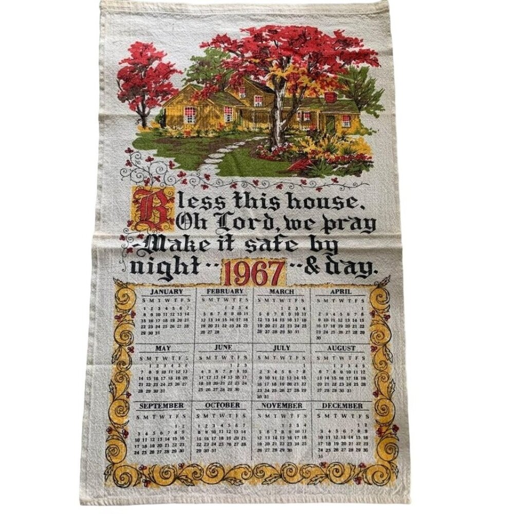 Vintage 1967 Linen Calendar Towel Bless This House Graphics 15" X 25" Red Yellow